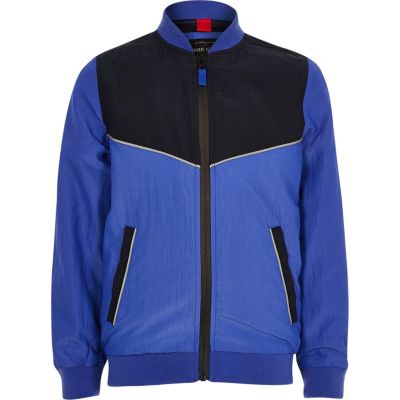 Boys blue sporty colour block bomber jacket